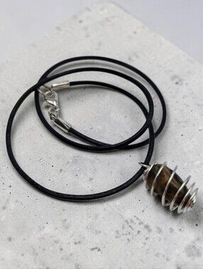 Handmade Tigers Eye Stone Pendant in Silver Spiral Cage Necklace